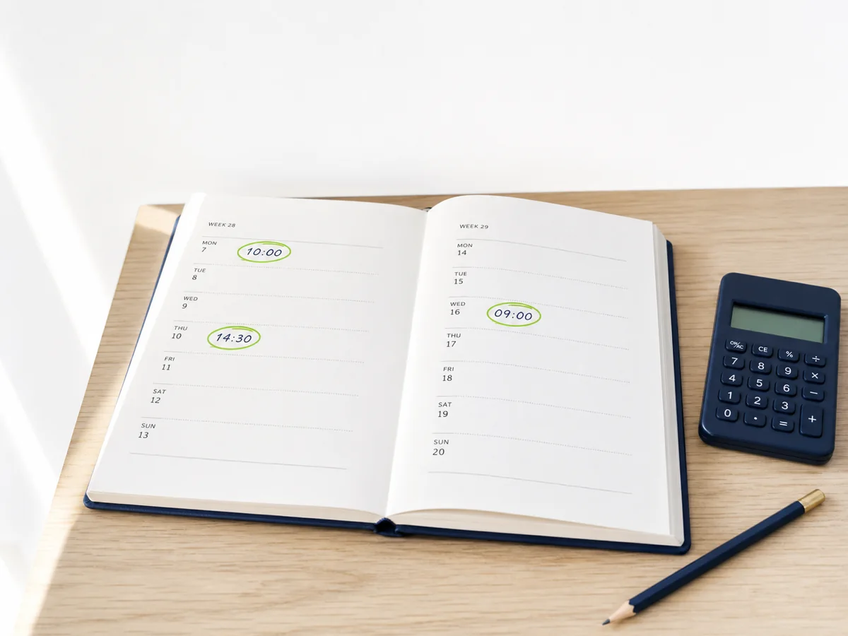 An open week-view diary with three appointments circled in lime felt-pen
