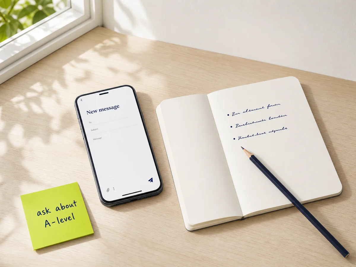 A smartphone and notebook on a desk with a lime sticky-note saying 'ask about A-level'