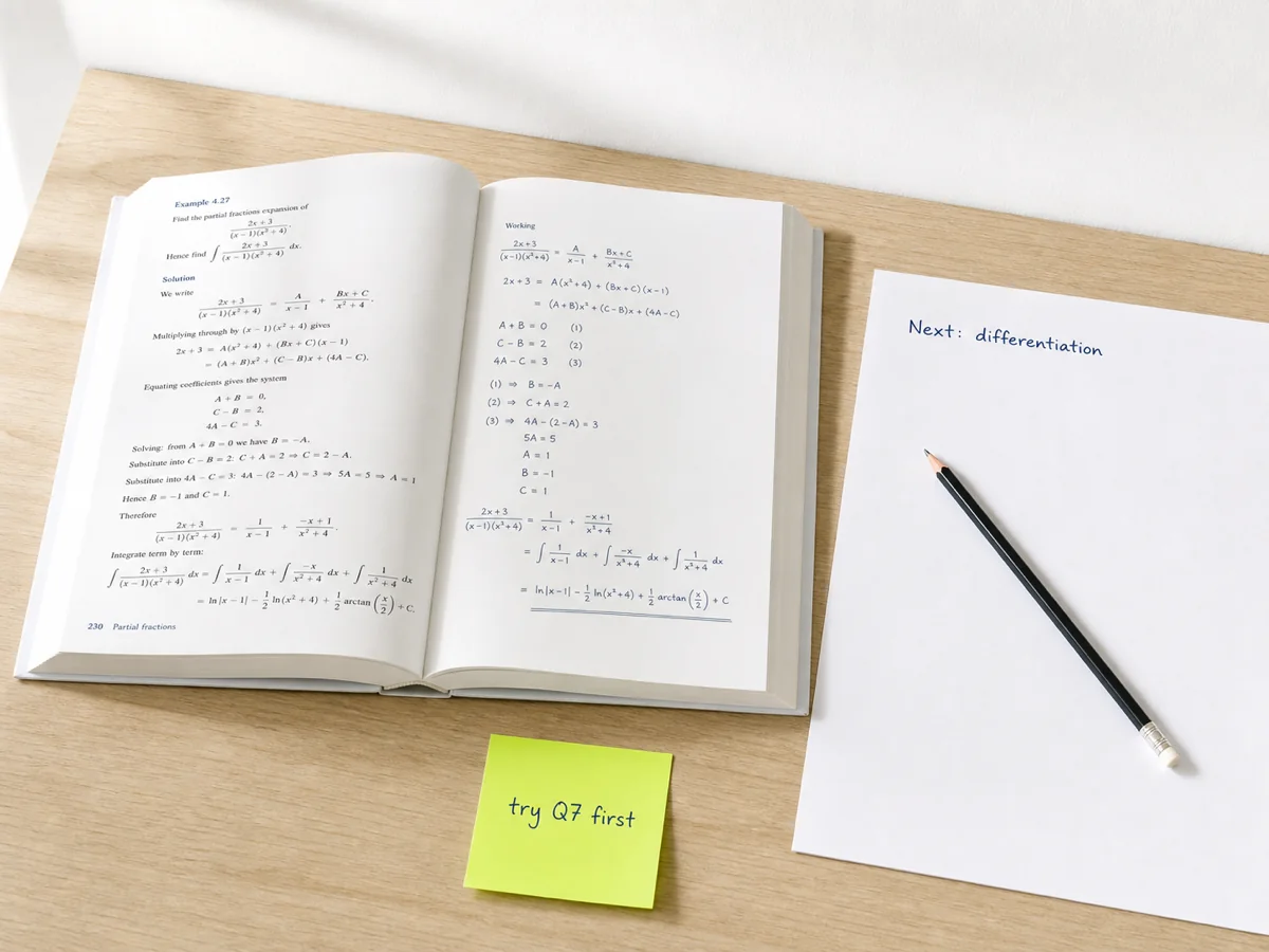 A maths textbook open to a worked example with a lime sticky-note for the next chapter
