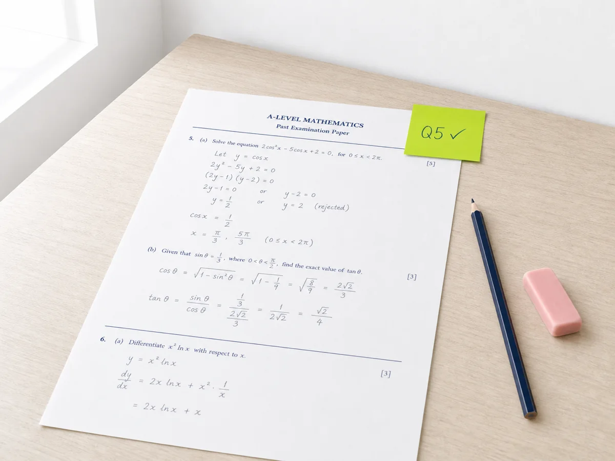 An A-level Maths exam paper with worked solutions and a lime sticky-note marked Q5 ✓